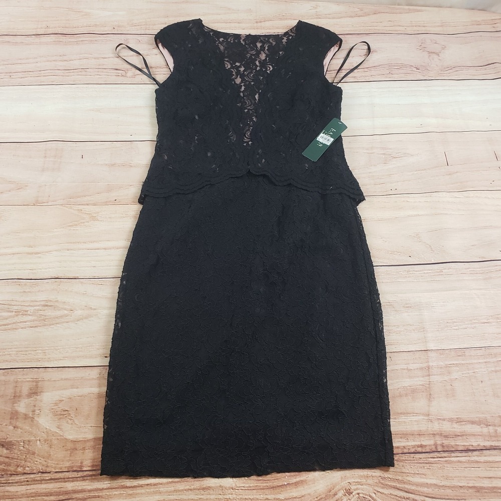 NEW Lauren Ralph Lauren Dress Womens 10 Black Pencil A-line Lace LRL Ladies